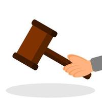 Illustration of flat wood judge hammer with a hand. Judge hammer icon law gavel auction. vector