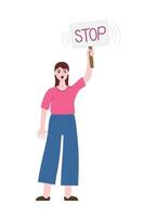 Young angry woman holding banner with message Stop, manifesting activist demonstrating protest sign. Protesting against discrimination or supporting abortion rights. Isolated vector illustration.