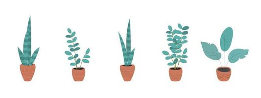 conjunto de plantas verdes que crecen en macetas de cerámica. decoración de la jungla urbana, estilo hygge. ilustración vectorial dibujada a mano en colores pastel aislado en blanco. vector