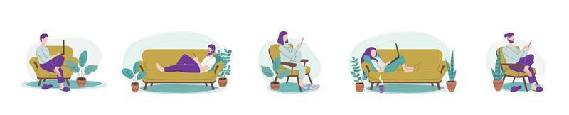 Collection of young people holding gadgets, smartphones and laptops. Men and women doing shopping, chatting, texting, working remotely or using mobile applications relaxed in home clothes on sofa. vector
