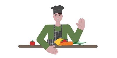 Chef cook in a uniform stands at the table with vegetables, smiles and waives his hand. Cartoon flat style, vector illustration. Prepare food concept.