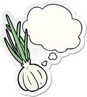 cartoon garlic and thought bubble as a printed sticker vector