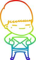 rainbow gradient line drawing cartoon smug boy carrying present vector