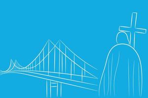 Blue background with bridge outline and sculpture of a man with a cross, flat vector