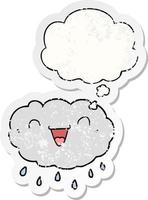 happy cartoon cloud and thought bubble as a distressed worn sticker vector