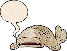 cartoon sad old fish and speech bubble in retro texture style vector