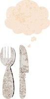 cartoon knife and fork and thought bubble in retro textured style vector