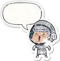 cartoon astronaut man and speech bubble distressed sticker vector