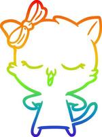 rainbow gradient line drawing cartoon cat with bow on head vector