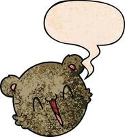 Cara de oso de peluche de dibujos animados lindo y burbuja de habla en estilo de textura retro vector