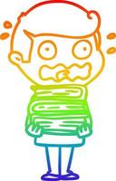 rainbow gradient line drawing cartoon man with books totally stressed out vector