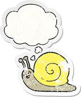 cartoon snail and thought bubble as a distressed worn sticker vector