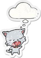 cartoon cat talking and thought bubble as a distressed worn sticker vector