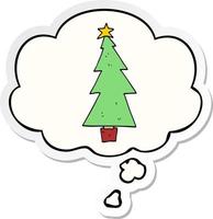 cartoon christmas tree and thought bubble as a printed sticker vector