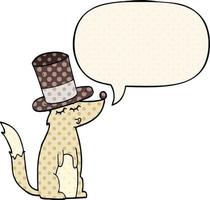 cartoon wolf whistling wearing top hat and speech bubble in comic book style vector