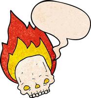 spooky cartoon flaming skull and speech bubble in retro texture style vector