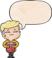 cartoon anxious boy carrying book and speech bubble in retro texture style vector