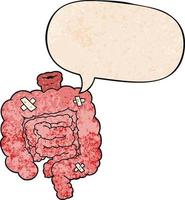 cartoon repaired intestines and speech bubble in retro texture style vector