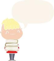 cartoon friendly boy and books and speech bubble in retro style vector