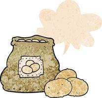 cartoon bag of potatoes and speech bubble in retro textured style