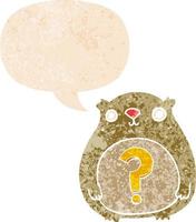 cartoon curious bear and speech bubble in retro textured style vector