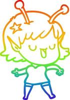 rainbow gradient line drawing happy alien girl cartoon vector