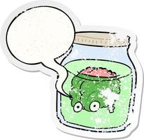 cartoon spooky brain floating in jar and speech bubble distressed sticker vector