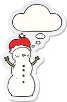 cartoon snowman and thought bubble as a printed sticker vector