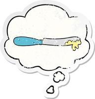 cartoon butter knife and thought bubble as a distressed worn sticker vector