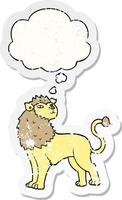 cartoon lion and thought bubble as a distressed worn sticker vector