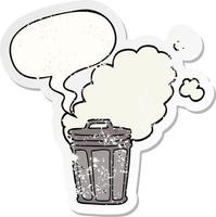 cartoon stinky garbage can and speech bubble distressed sticker vector