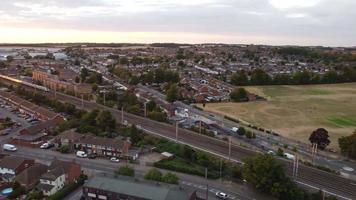 Train moving on Tracks at Leagrave Railway Station of Luton England UK, Aerial View of British Trains at Local Railway Station, Drone's High Angle Footage video