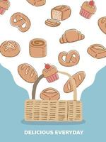 template concept variation of breads with wooden basket background hand draw vector