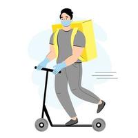 Male courier masked and gloved on a scooter  during the quarantine.  Safe delivery service concept, delivery home and office, stay home. Vector illustration