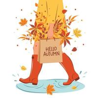 Hello autumn. Woman in boots  walks in puddle and keeps package with autumn leaves. Bright poster for sale, flyer with invitation for shopping, template offer of discounts. Vector Illustration