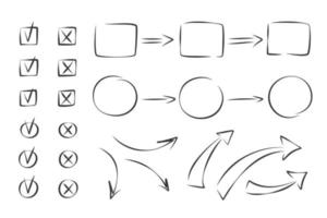 Hand drawn doodle design graphic elements. Checkbox, cross mark with box, circle element, arrows. Different complexity of the business process. Vector illustration.