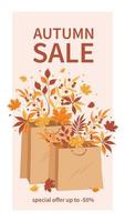 Template autumn sale for social networks stories with shopping package. Suitable for marketing promotions, stories, post and web internet ads. Vector illustration.