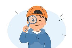 Boy holding magnifying glass. Child using magnifier for learning, study. Vector Illustration.