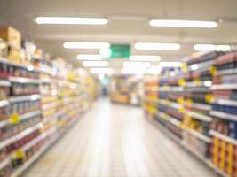 foto borrosa abstracta del supermercado sin gente con productos colocados en los estantes