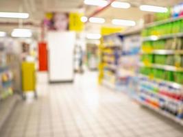 Abstract blurred photo of Supermarket without people with Products placed on the shelves