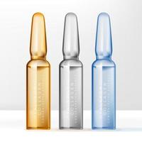 Vector Ampoules Bottle Container for Beauty or Skincare Product. Clear, Blue Yellow.