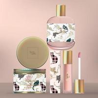 Vector Skincare or Beauty Packaging Set with Perfume Glass Bottle, Body Cream Tin Jar and Lip Gloss Tube. Cat Pattern Print Packaging.