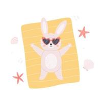 Cute white bunny in sunglasses sunbathing on the beach. Hello summer, summertime, summer vacation vector