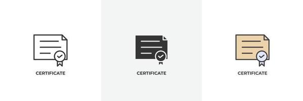 icono de certificado. línea, contorno sólido y relleno versión en color, contorno y signo de vector relleno. símbolo de idea, ilustración de logotipo. gráficos vectoriales