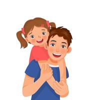 happy young man giving a piggyback ride to cute little girl showing father love to daughter holding her hands vector