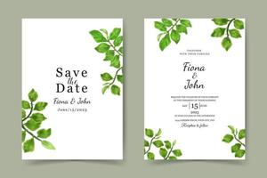 plantilla de tarjeta de invitación de boda. hermoso fondo de hojas de acuarela vector