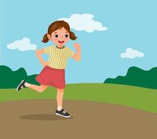 happy little girl running jogging on the park on summertime vector