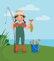 linda niña pescadora sosteniendo una caña de pescar mostrando su captura de peces de pie cerca del cubo vector