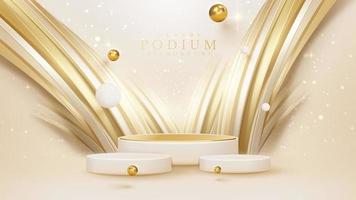 Product display podium with golden curve line element and ball decoration and glitter light effect. vector