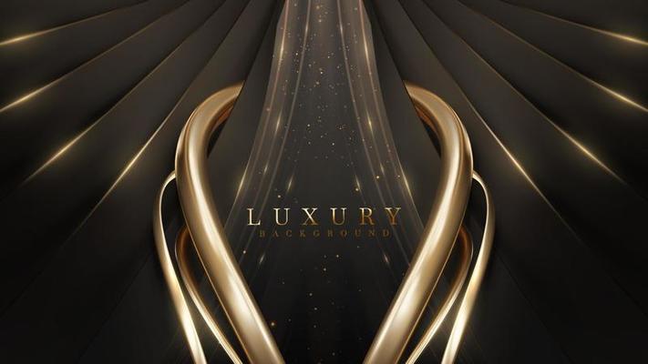 Luxury background and black ribbon decoration and realistic golden curve line with glitter light effect elements and bokeh.